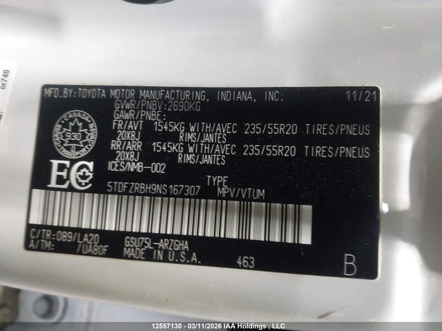 Aukcja sprzedaży 2022 Toyota Highlander Platinum, vin: 5TDFZRBH9NS167307, numer aukcji: 12557130