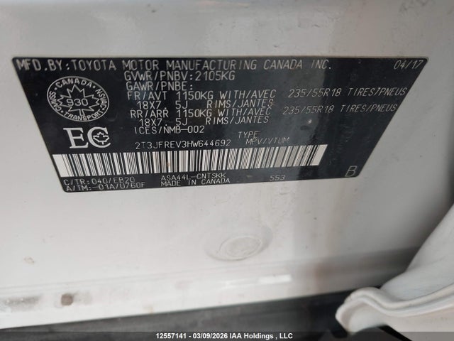 12557141 :رقم المزاد ، 2T3JFREV3HW644692 vin ، 2017 Toyota Rav4 Se مزاد بيع