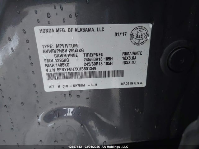 5FNYF6H7XHB501349 Honda PILOT EXLN