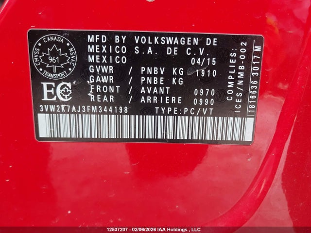3VW2K7AJ3FM344198 Volkswagen Jetta 2.0l Trendline/2.0l Trendline+