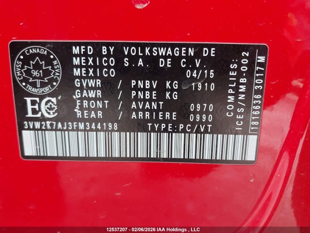 3VW2K7AJ3FM344198 Volkswagen Jetta 2.0l Trendline/2.0l Trendline+