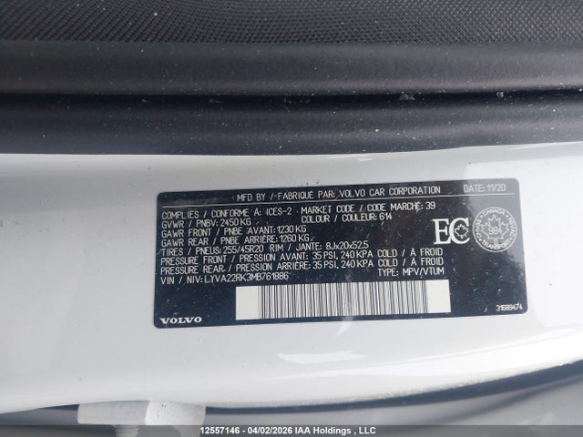12557146 :رقم المزاد ، LYVA22RK3MB761886 vin ، 2021 Volvo Xc60 T6 Momentum مزاد بيع