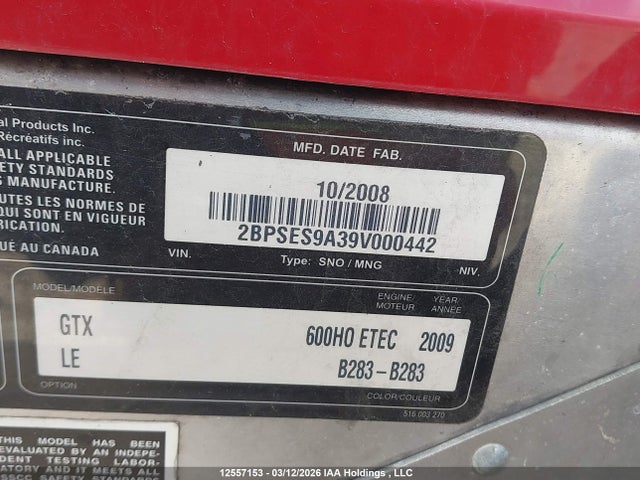 Aukcja sprzedaży 2009 Skidoo , vin: 2BPSES9A39V000442, numer aukcji: 12557153