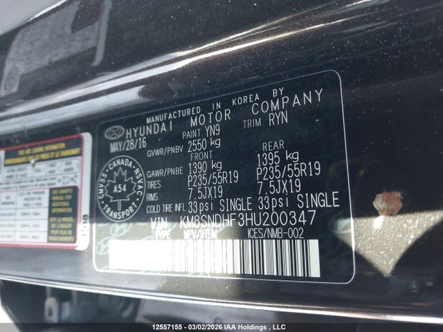 KM8SNDHF3HU200347 Hyundai Santa Fe Xl Limited