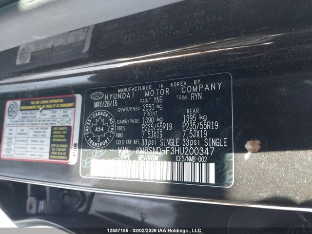 KM8SNDHF3HU200347 Hyundai Santa Fe Xl Limited