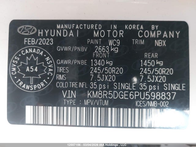 12557156 :رقم المزاد ، KM8R5DGE6PU598837 vin ، 2023 Hyundai Palisade Ultimate Calligraphy مزاد بيع