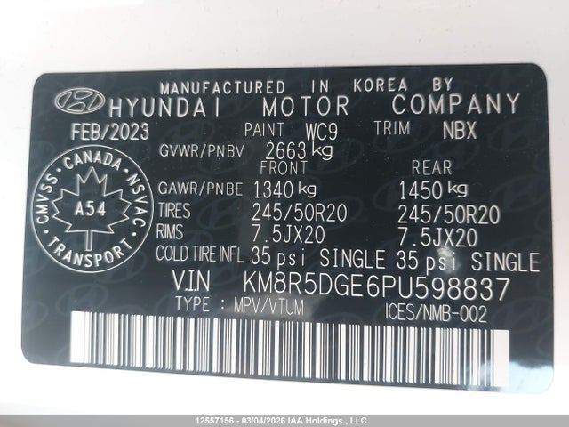 12557156 :رقم المزاد ، KM8R5DGE6PU598837 vin ، 2023 Hyundai Palisade Ultimate Calligraphy مزاد بيع