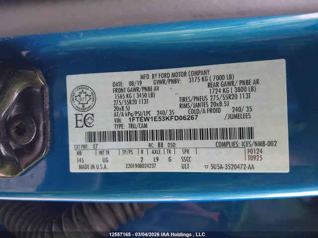 Продаж на аукціоні авто 2019 Ford F-150, vin: 1FTEW1E53KFD06267, номер лоту: 12557165