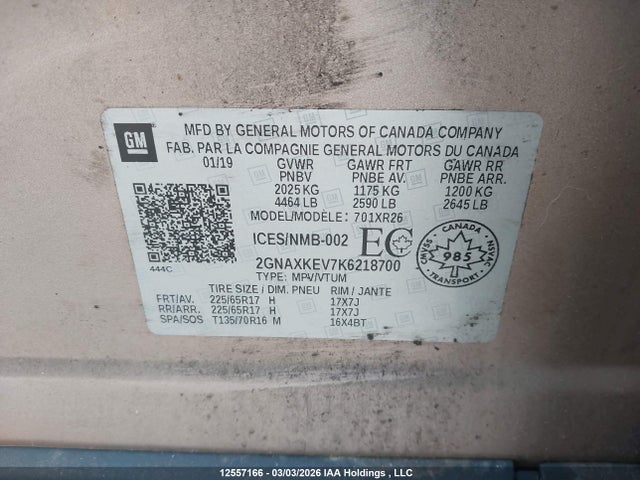 Продажа на аукционе авто 2019 Chevrolet Equinox Lt, vin: 2GNAXKEV7K6218700, номер лота: 12557166