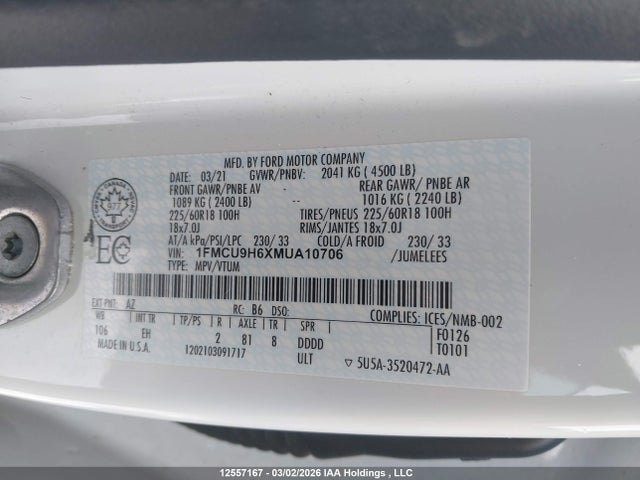 1FMCU9H6XMUA10706 Ford ESCAPE SEL