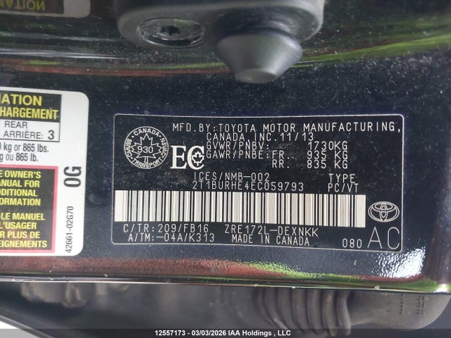 Продаж на аукціоні авто 2014 Toyota Corolla, vin: 2T1BURHE4EC059793, номер лоту: 12557173