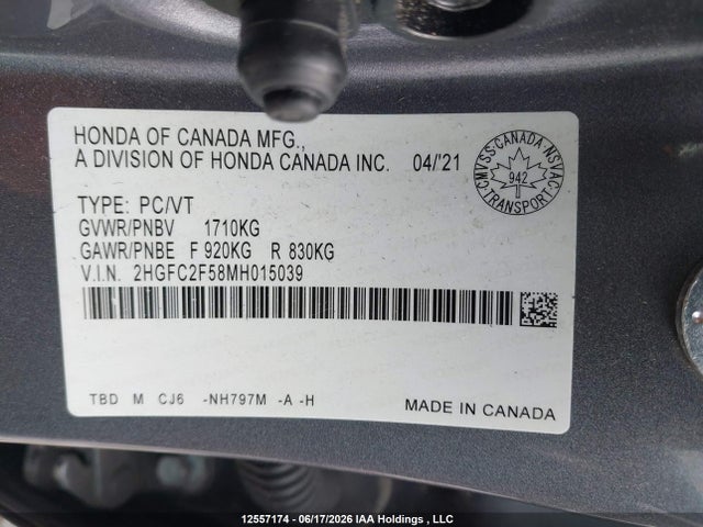 Aukcja sprzedaży 2021 Honda Civic, vin: 2HGFC2F58MH015039, numer aukcji: 12557174