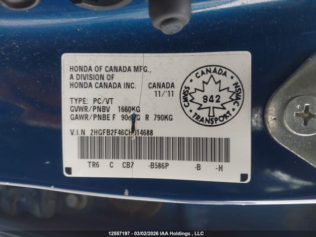 12557197 :رقم المزاد ، 2HGFB2F46CH014688 vin ، 2012 Honda Civic Sdn مزاد بيع