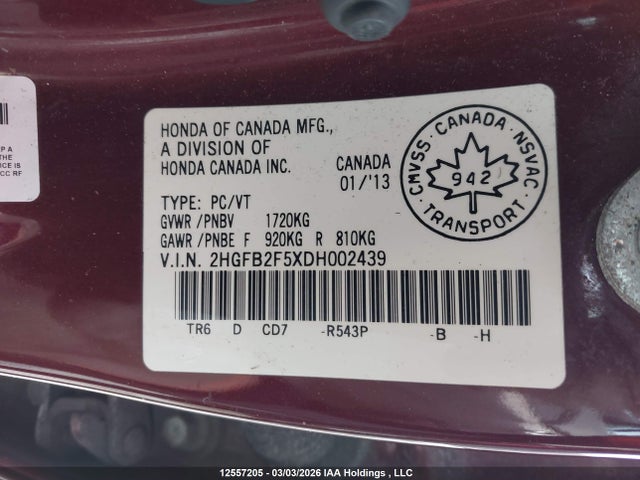 12557205 :رقم المزاد ، 2HGFB2F5XDH002439 vin ، 2013 Honda Civic مزاد بيع