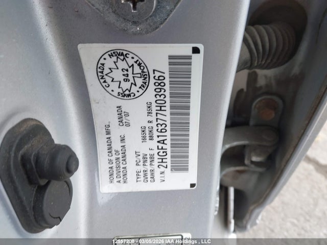 Продаж на аукціоні авто 2007 Honda Civic, vin: 2HGFA16377H039867, номер лоту: 12557208