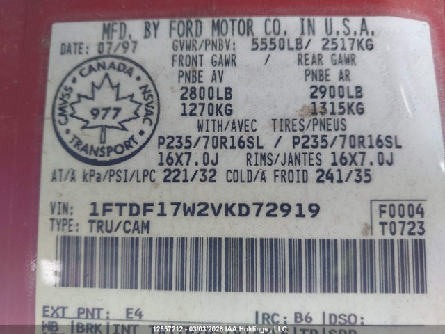 12557212 :رقم المزاد ، 1FTDF17W2VKD72919 vin ، 1997 Ford F150 مزاد بيع