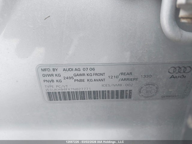 Aukcja sprzedaży 2007 Audi A6 3.2 Avant, vin: WAUKH94FX7N027771, numer aukcji: 12557226