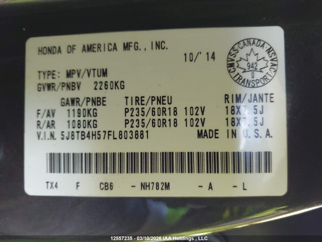5J8TB4H57FL803881 Acura Rdx Tech Package