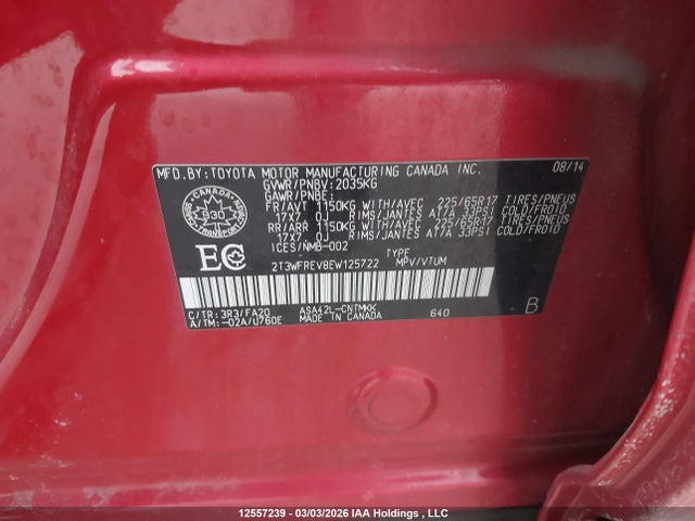 12557239 :رقم المزاد ، 2T3WFREV8EW125722 vin ، 2014 Toyota Rav4 Xle مزاد بيع