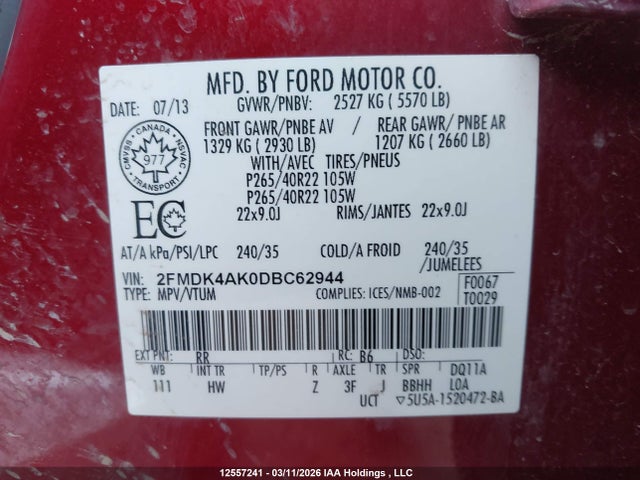 Aukcja sprzedaży 2013 Ford Edge Sport, vin: 2FMDK4AK0DBC62944, numer aukcji: 12557241