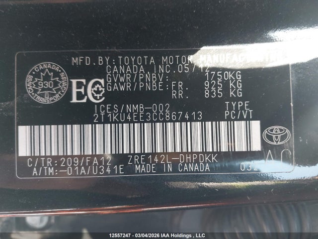 12557247 :رقم المزاد ، 2T1KU4EE3CC867413 vin ، 2012 Toyota Corolla Matrix مزاد بيع