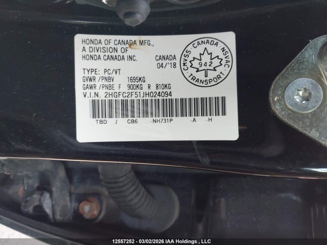 12557252 :رقم المزاد ، 2HGFC2F51JH024094 vin ، 2018 Honda Civic Lx مزاد بيع