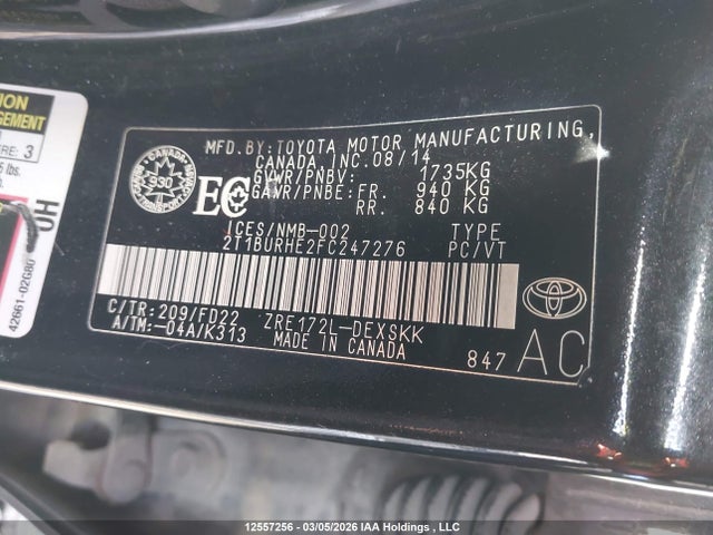 12557256 :رقم المزاد ، 2T1BURHE2FC247276 vin ، 2015 Toyota Corolla S مزاد بيع
