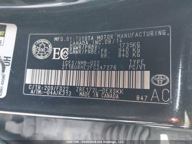 12557256 :رقم المزاد ، 2T1BURHE2FC247276 vin ، 2015 Toyota Corolla S مزاد بيع