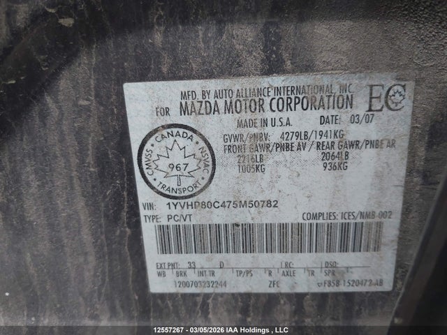 Aukcja sprzedaży 2007 Mazda Mazda6 Gs-i4/gt-i4, vin: 1YVHP80C475M50782, numer aukcji: 12557267