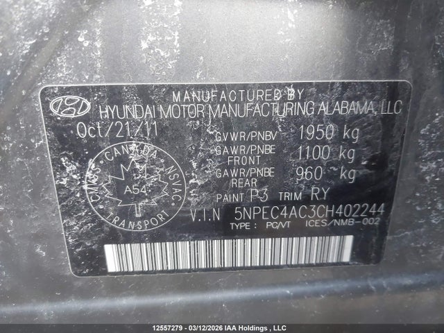 Продаж на аукціоні авто 2012 Hyundai Sonata Limited, vin: 5NPEC4AC3CH402244, номер лоту: 12557279