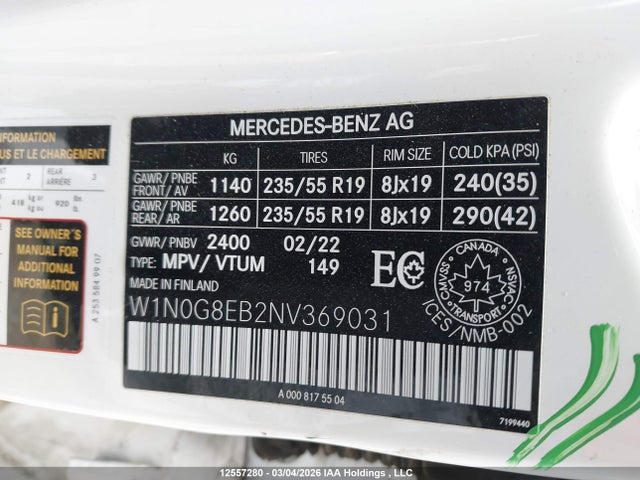 12557280 :رقم المزاد ، W1N0G8EB2NV369031 vin ، 2022 Mercedes-benz Glc 300 4matic مزاد بيع