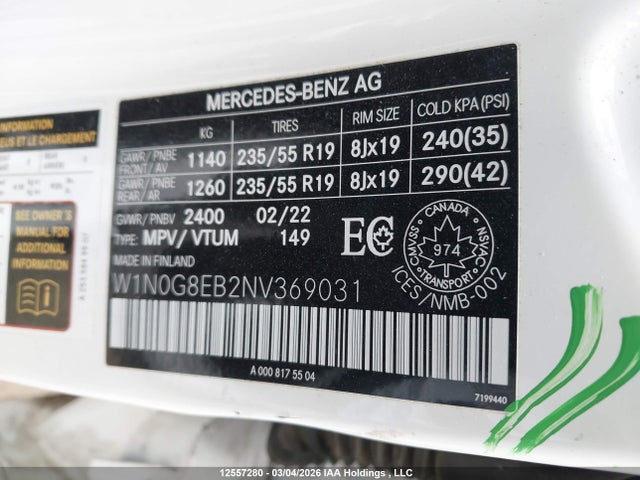 12557280 :رقم المزاد ، W1N0G8EB2NV369031 vin ، 2022 Mercedes-benz Glc 300 4matic مزاد بيع
