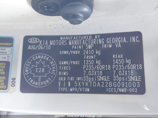 12557281 :رقم المزاد ، 5XYKTDA22BG091003 vin ، 2011 Kia Sorento مزاد بيع