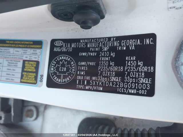 12557281 :رقم المزاد ، 5XYKTDA22BG091003 vin ، 2011 Kia Sorento مزاد بيع