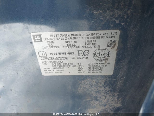Aukcja sprzedaży 2016 Gmc Terrain Sle-2, vin: 2GKFLTEK1G6202560, numer aukcji: 12557284