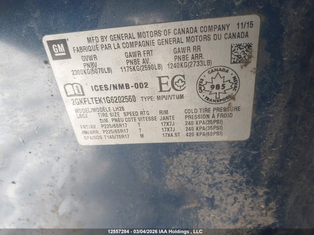 Aukcja sprzedaży 2016 Gmc Terrain Sle-2, vin: 2GKFLTEK1G6202560, numer aukcji: 12557284