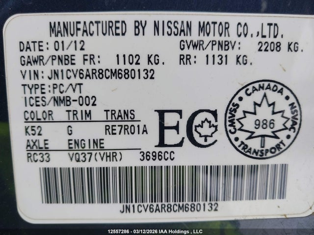 Продажа на аукционе авто 2012 Infiniti G37x, vin: JN1CV6AR8CM680132, номер лота: 12557286