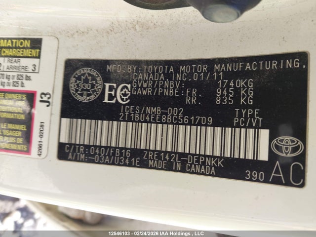 12546103 :رقم المزاد ، 2T1BU4EE8BC561709 vin ، 2011 Toyota Corolla Le مزاد بيع