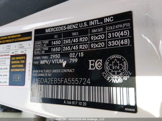 12557291 :رقم المزاد ، 4JGDA2EB5FA555724 vin ، 2015 Mercedes-benz Ml 350 Bluetec 4matic مزاد بيع