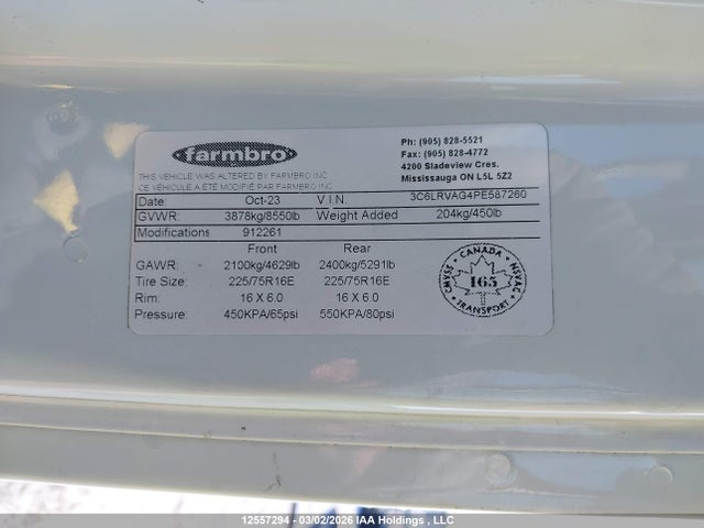 2023 Ram Promaster 1500 1500 Standard მანქანა იყიდება აუქციონზე, vin: 3C6LRVAG4PE587260, აუქციონის ნომერი: 12557294