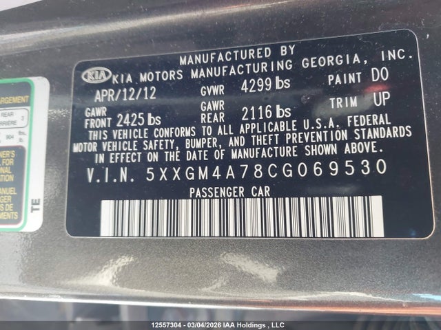 Aukcja sprzedaży 2012 Kia Optima, vin: 5XXGM4A78CG069530, numer aukcji: 12557304