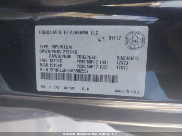 Продажа на аукционе авто 2017 Honda Odyssey Se, vin: 5FNRL5H35HB502557, номер лота: 12557309