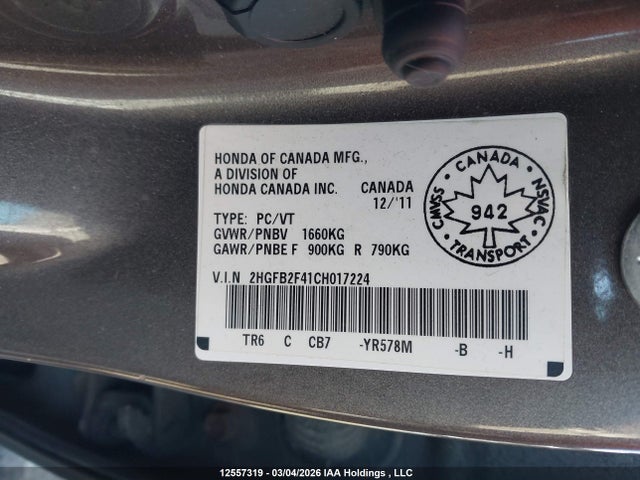 12557319 :رقم المزاد ، 2HGFB2F41CH017224 vin ، 2012 Honda Civic Lx مزاد بيع