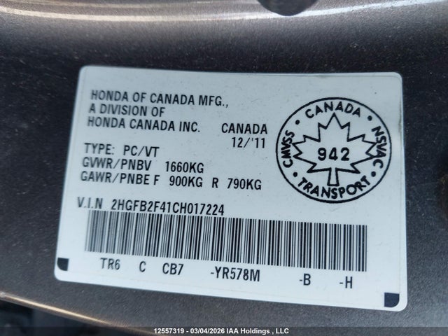 12557319 :رقم المزاد ، 2HGFB2F41CH017224 vin ، 2012 Honda Civic Lx مزاد بيع