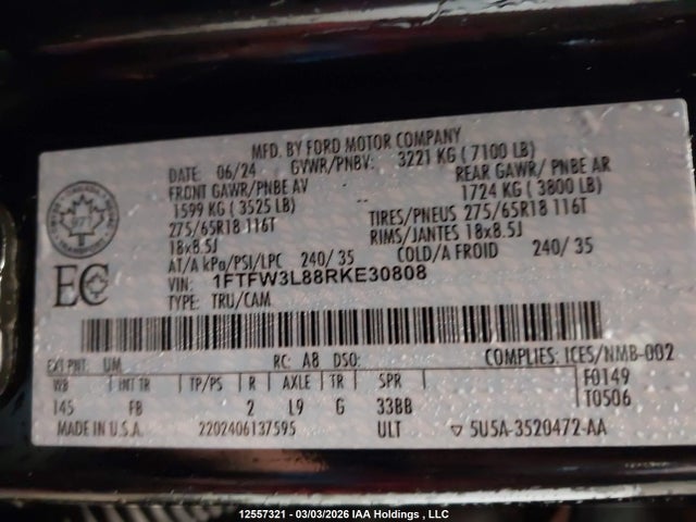 12557321 :رقم المزاد ، 1FTFW3L88RKE30808 vin ، 2024 Ford F150 Xlt مزاد بيع
