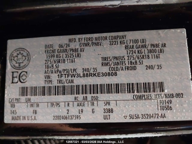 12557321 :رقم المزاد ، 1FTFW3L88RKE30808 vin ، 2024 Ford F150 Xlt مزاد بيع