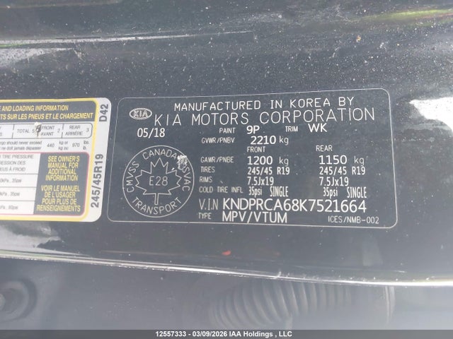 12557333 :رقم المزاد ، KNDPRCA68K7521664 vin ، 2019 Kia Sportage Sx Turbo مزاد بيع