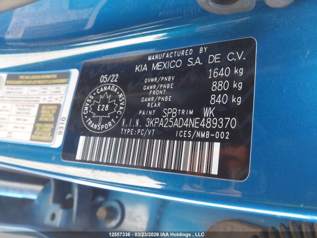 3KPA25AD4NE489370 KIA Rio Lx Premium/lx+
