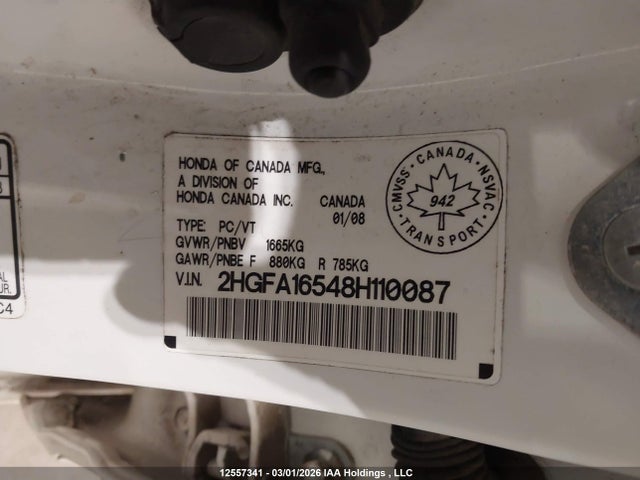Aukcja sprzedaży 2008 Honda Civic Lx, vin: 2HGFA16548H110087, numer aukcji: 12557341