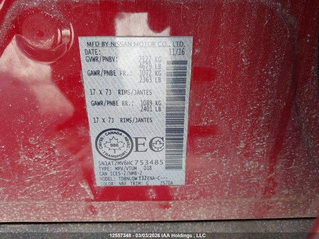 5N1AT2MV6HC753485 Nissan Rogue Sv/sl